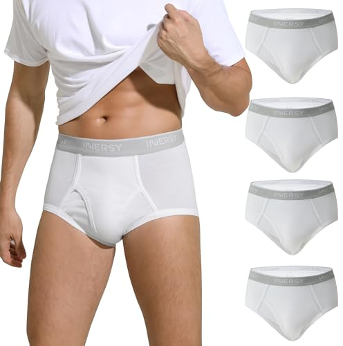 INNERSY Mens Briefs White Cotton Underwear with Fly Opening Underpants Classic Pants 4 Pack (L, 4 Cream White)