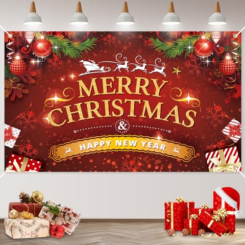 Large Merry Christmas Banner Background, Red Banners Photo Booth Wall Decor for Indoor Outdoor Home Party