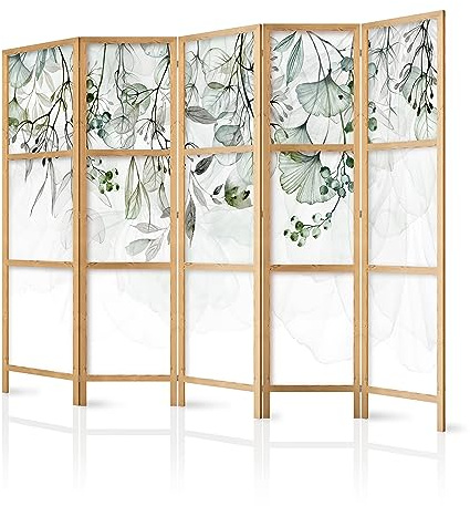 murando - Paravent Raumteiler Holz Blätter, 225x172 cm, 5-teilig, modern | Mobiler Sichtschutz, sofort einsatzbereit, Holzrahmen, ideal fürs Wohnzimmer oder Büro, geruchsneutral, lichtbeständig