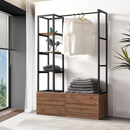 [en.casa] Armadio Aperto per Guardaroba Porta Abiti da Camera Appendiabiti da Terra 180 x 120 x 40 cm Mobile Organizzatore con Cassetti Ripiani e Asta Barra - Color Noce/Nero
