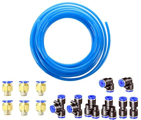 HUAZIZ Kit de Tube de Tuyau d'air en Polyuréthane Bleu, 5 M PU Tuyau Air, 12 mm OD x 8 mm ID avec 14 kits de Connecteur+1 Coupe-Tube