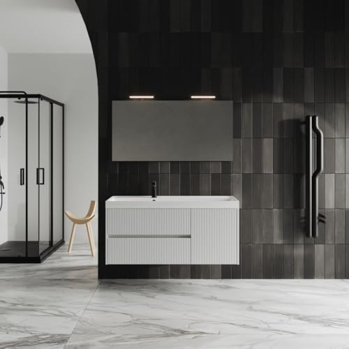 Kiamami Valentina - Mobile bagno sospeso 120cm bianco opaco con 2 cassetti, 1 anta, specchio 120x60 Cortina