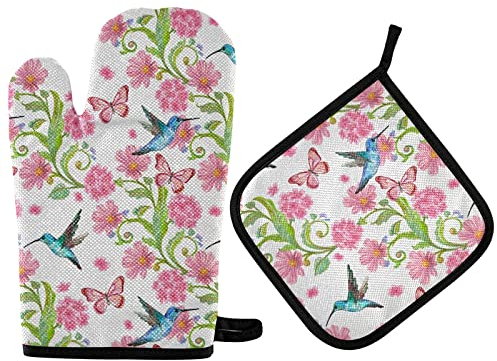 Ofenhandschuhe Fliegende Kolibris Schmetterlinge Frühling Sommer Rosa Blumen Grillhandschuhe Anti-Rutsch Topfhandschuhe Waschbare Topflappen Set Für BBQ Kochen Backen