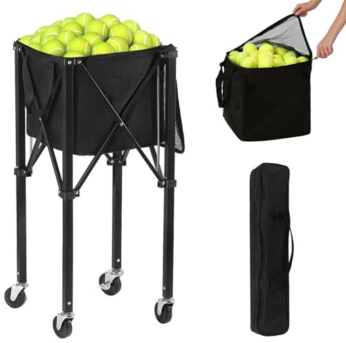 Coolcapis Tolva de Canasta de Pelota de Tenis (Capacidad de 165 Pelotas) Pickleball, Cesta Impermeable extraíble con Bolsa de Transporte, cerraduras de Rueda para Entrenadores de Tenis, Jugadores