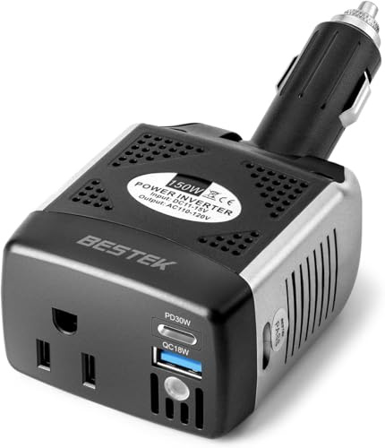 BESTEK - 150W Power Converter, 12V to 110V Voltage Converter, PD30W, QC18W, Power Adapter with Charging Ports