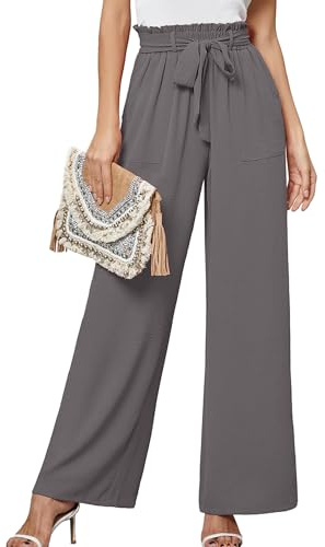Heymoments Pantalon de détente à jambes larges pour femme, léger, taille haute, palazzo, nœud ajustable, pantalon fluide avec poches, Taille S