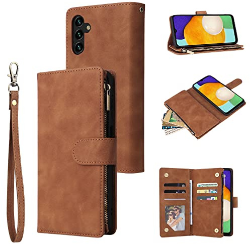 QLTYPRI Étui portefeuille en cuir pour Samsung Galaxy A25 5G, grande capacité, 6 porte-cartes et 1 poche zippée, dragonne, housse de protection magnétique pour Samsung A25 5G - Marron