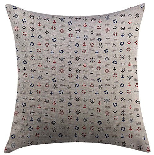 Kissenbezug Nautische Marine-Elemente, Vorgestellter Rettungsring, Anker, Kompass, Meereswellen, Jungen-Kinderzimmer-Thema, Blau, Rot Kissenhülle Superweicher Kissen-Bezug Couchkissen 45x45 cm