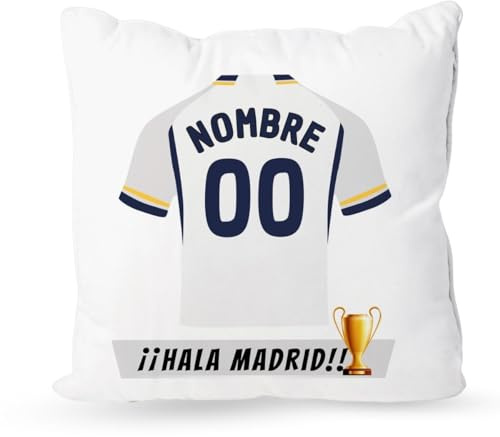 DEREGALOOS Cojín Personalizado con Nombre y Equipo de fútbol. Cojín Personalizado del Madrid. Regalo Original para Aficionados fútbol. Regalo fútbol Madrid. Puedes incluir Relleno. 35x35