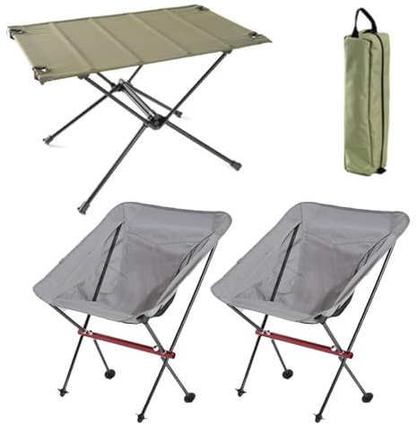 Leichter Klapptisch und Stühle im 3er-Set, Tragbarer Campingtisch Outdoor-Strandstuhl-Set mit Tragetasche Leicht zu Tragen für Picknick Kochen Wandern Angeln