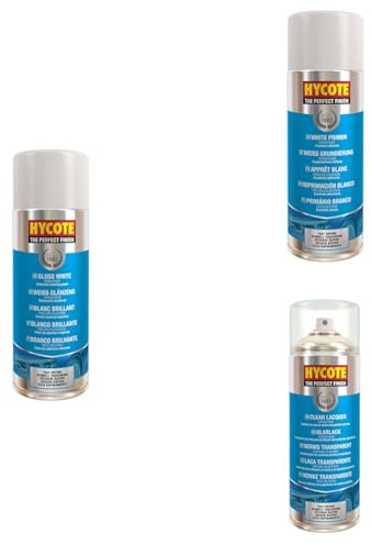 Hycote Double Acrylic Fast Drying Aerosol Gloss White Car Spray Paint, White Primer & Clear Lacquer