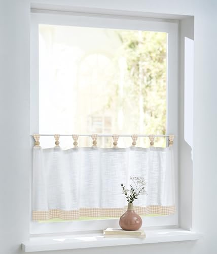 Cottage weiß beige Bistrogardine Scheibengardine Baumwolle Landhausstil Schlaufen Holzkugeln (B 120 x H 50 cm)