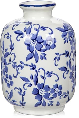 Arborus Blau und Weiß Porzellan Vase Keramik Vase Rustikale Blumenvase | 18,5 CM Blaugraues Porzellan für Blumen Pampasgras Rosen Hortensie Lavendel Landhausstil Skandinavische Deko im Zimmer Hotel