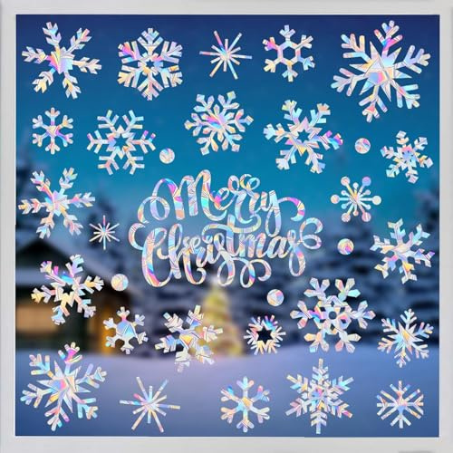 DTYDECLE 4 Blatt Schneeflocken Suncatcher Fensteraufkleber, Weihnachten Fenster Suncatcher Bilder Selbstklebend Schneeflocken Regenbogen Folie Fenster Prisma für Winter Xmas Hause Weihnachtsdeko