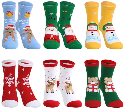6 Paires Chaussettes Noël Enfant Chaussette Dessinée Animal Père Noël Rennes Flocon de Neige Bonhomme en Pain d'Épice Ours Multicolore en Coton Cadeaux pour Unisexe Filles Garçons Fête Noël Nouvel An