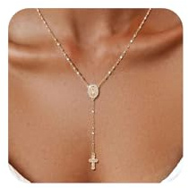 Women's Gold Virgin Mary Necklace - 14k Gold Plated Rosary Bead Cross Necklace,Hypoallergenic Non Tarnish Gold Catholic Y Chain Necklace,Religious Rosary Beads Crucifix Necklaces Jewelry Gift for Her