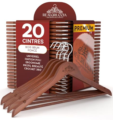 20 Grucce in Legno Marrone Scuro per Abiti Vestiti Giacche Camicie - RealGruccia Barra per Pantaloni Tacche Antiscivolo e Gancio Girevole 360° - Profilo Smussato Finitura Lucida - Appendiabiti 22x45cm