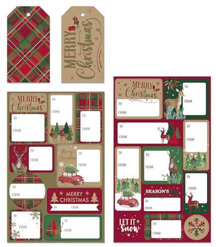 Zopper 55pcs Christmas Label Stickers Gift Tag Set Includes 4 Luggage Gift Tags & 51 Gift Tag Sticky Decorative Stickers Self Adhesive for Xmas Brown Kraft - Modern
