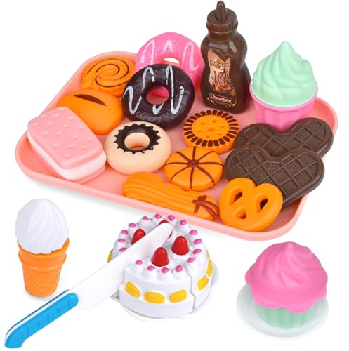Juego de Comida Juego para Niños, 21PCS Pretend Comida de Postre Juegos de Juguetes con Juguetes de Corte Helado y Pastel,Cupcake de Plástico, Galletas para Hornea