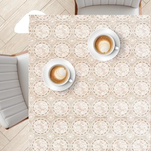 KP HOME Mantel Hule Mesa Rectangular 200 x 137 cm – Manteles PVC para Exterior e Interni Paño de Aceite - Vinilo Mantel Impermeable Antimanchas con Diseño de Encaje Medallón Blanco