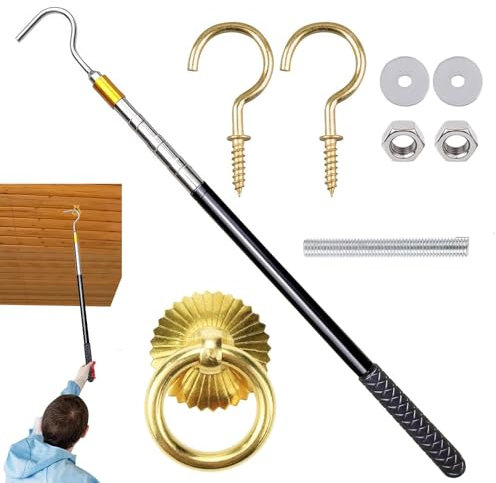 di abbassamento della scala, kit di abbassamento della scala | Set di ganci per soffitta di scale in metallo | Gancio portaoggetti con asta di prolunga per soffitta per casa, officina di riparazione,