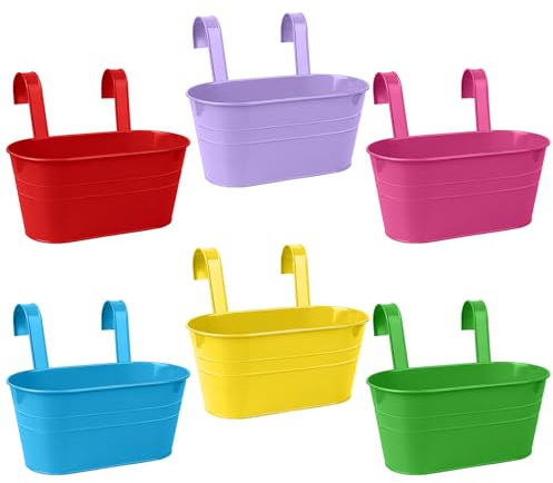 ULELE Metal Hanging Planter Set - 6 Pack Double-Hook Buckets for Plants and Flowers - Iron Fence Planters for Balcony Garden