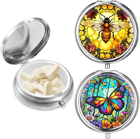 Sibba 2 Stück Tragbare Medikamentendosen Feuchtigkeitsbeständig Pillendosierer Für Die Tasche Spender Niedlich Kompakt Schöne Tablettendose Biene Und Schmetterling Medikamentendosierer Pillendose