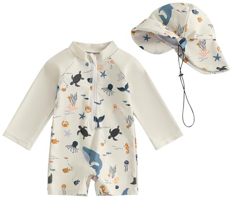 Springcmy Infant Baby Boys Swimsuit One Piece Long Sleeve Rash Guard Zipper Bathing Suit Swimwear with Sun Cap Beachwear