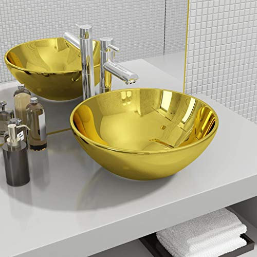 ShGaxin Lavabo 32,5x14 cm cerámica Dorado, Fregadero, Lavabo Baño, Lavamanos Baño, Lavatorio Casa De Banho, Mueble Lavabo sobre Encimera - 143484