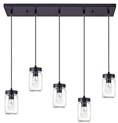 Chandelier 5 Lights Wooden Glass Ceiling Pendant Lamps Dining Room Wire Adjustable Ceiling Lights Living Room Glass Jam Jar s for Kitchen Island Bar Cafe Durable