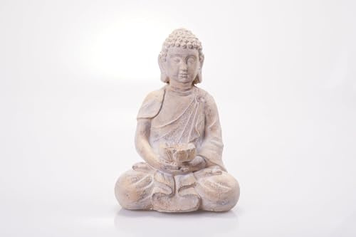 hausleben Eleganter Sitzender Buddha mit Vogelbad – Magnesia-Figur in Creme 28,5×19×40 cm | Stilvolle Gartenfigur & Wohn-Deko | Vielseitige Schale als Kerzenhalter, Vogelbad oder Dekoschale