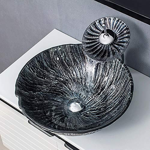 WOTZOV Miscelatore Moderno in Vetro temperato, lavabo da appoggio Rotondo da 16,53 con Rubinetto in Rame, lavabo da appoggio colorato Artistico per la casa e l'hotel.