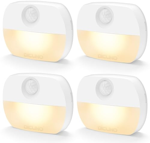 DiCUNO LED Nachtlicht mit Bewegungsmelder, Warmweiß, PIR-Sensor, 4er Pack | Orientierungslicht, PIR Bewegungs- & Dämmerungssensor, Ein/Aus, AAA batteriebetrieben, für Treppe, Flur, Kinderzimmer, Keller