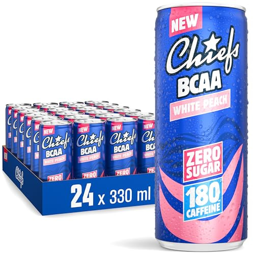 CHIEFS Boisson énergisante goût Pêche Blanche, 180 mg de caféine, 24x330ml boissons énergétiques, Sans Sucre et avec BCAA (White Peach)