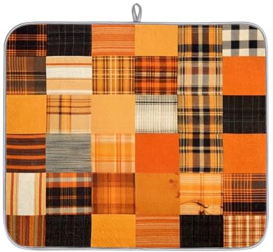 Autumn Thanksgiving Plaid Check Absorbent Dish Drying Mat for Kitchen Counter, Reversible Microfiber Dish Drying Pad with Hanging Loop for Glassware Utensils Pots 16x18 in