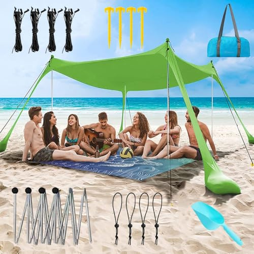 Tenda da Spiaggia 3 X 3 M, Tenda Parasole Spiaggia Portatile, Uv Upf 50+ Ombrellone Portatile Anti Sole Pop-Up con 4 Aste Con Sacco Di Sabbia, Ancora, Per Spiaggia, Picnic, Pesca, Campeggio