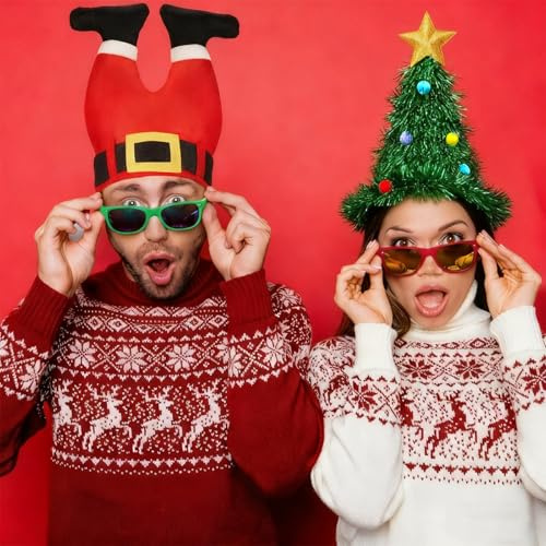 GOFLORDEN Set di 2 cappelli natalizi – Cappello natalizio con albero di Natale e cappello natalizio con pantaloni da Babbo Natale per cappelli natalizi divertenti e originali per adulti
