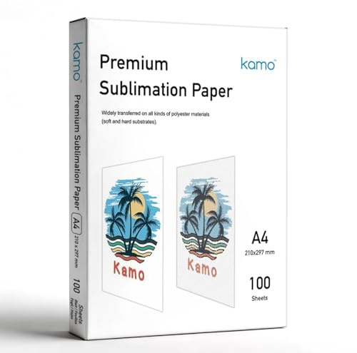 kamo Sublimationspapier für Wärmeübertragung, A4, 210 x 297mm, 100 Blatt, 120 gsm, kompatibel mit allen Tintenstrahldruckern