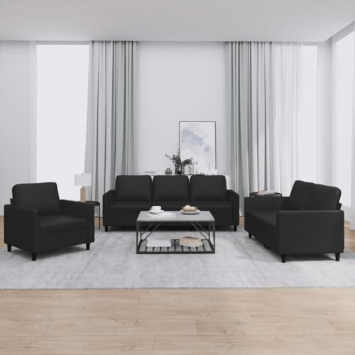 YuuSsea 3-TLG. Sofagarnitur mit Kissen, Schwarz Kunstleder, Robustes Sperrholzgestell, Bequeme Polsterung für Wohnzimmer, Lounge-Bereich
