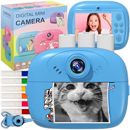 KRUMAD Sofortbildkamera Kinder - Kinder Kamera mit Photo Printer - Mini Digitalkamera 3,7V, 5W, USB Typ C - SD-Karten-Unterstützung - Spielzeug ab 3 Jahre - Blau (Astronaut)