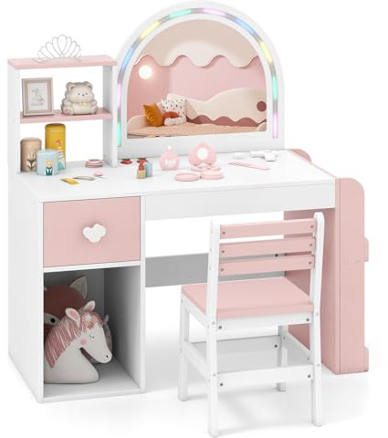 COSTWAY Coiffeuse Enfant Fille avec Chaise et Miroir Lumineux, Bureau Enfant avec Bibliothèque Ouverte & Tiroir & Compartiment & Étagères, Style Princesse, Charge 50/75kg pour 3 Ans+ (Blanc)