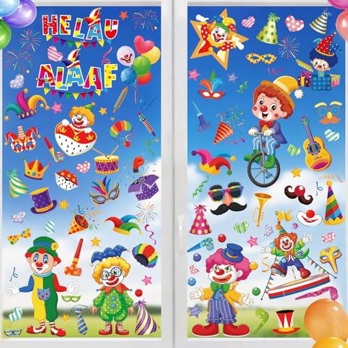Whimzey 102 Stk Karneval Deko Fenster Sticker,9 Blatt Fensterbilder Karneval Selbstklebend,Fensterbilder Fasching Deko,Kölner Karnevalsdeko Fenster 2026,Kölle Alaaf Zirkus Clown Faschingsdeko Fenstern