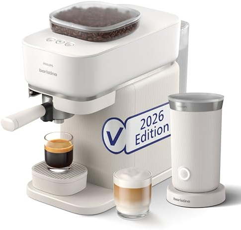 PHILIPS Baristina Espressomaschine mit Milchaufschäumer, Weiß, 16 Bar | mahlt, tampt & brüht automatisch, leichte Reinigung, Keramikmahlwerk (BAR308/00)