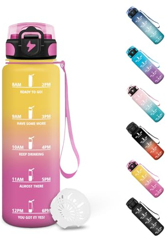 Motswedi Borraccia 0.5 litri, Borraccia Palestra, a Prova di Perdite, Bottiglia acqua, Con Marca Temporale, Borracce per Scuola, Yoga, Sport, Pilates, Viaggi - Giallo&Rosa