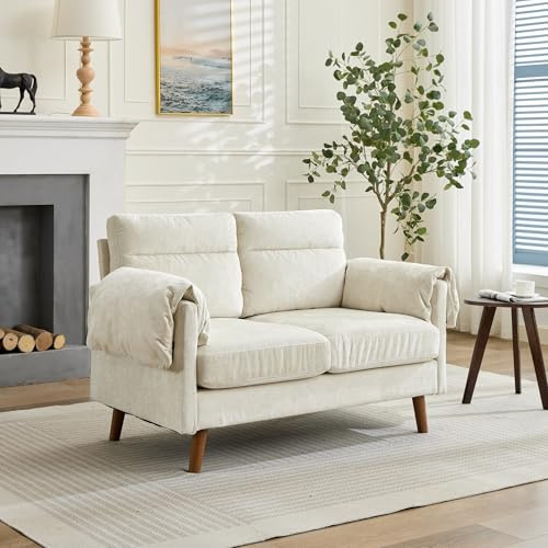HIYYIH soffa 2-sitsig liten, 124 x 70 x 85 cm | Medeltida stil soffa, 2-sitsig med 2 kastkuddar, armstöd, ergonomisk design, beige