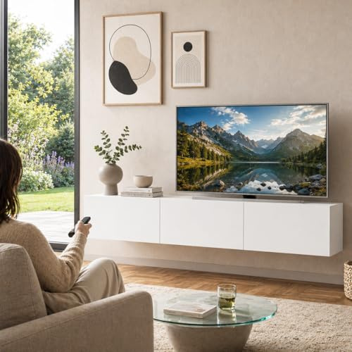 Shally Dogan Mobile Porta Tv Sospeso Design Moderno, Mobiletto da Parete per Soggiorno con Doppio Cassetto, Struttura Resistente, Ideale per Casa e Ufficio, 180 x 30 x 30 cm (Bianco)