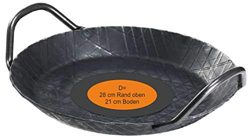 Turk Servierpfanne Eisenpfanne Bratpfanne Pfanne mit 2 Griffen geschmiedet ohne Beschichtung 28 cm - Flacher Rand. Ideal auch für Backofen