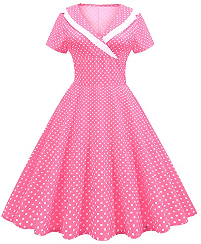 IWEMEK Women 1950s Vintage Retro Rockabilly Dress Lapel V-Neck Slim A-line 50s 60s Pinup Audrey Hepburn Style Polka Dot Swing Dresses Summer Casual Pageant Party Cocktail Evening Gown Pink XXL