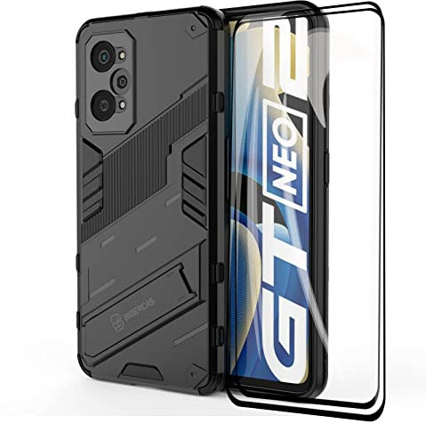 GOKEN Funda para Realme GT2 / Realme GT Neo 2 y 2 Piezas Cristal Templado, PC + TPU Silicona Tough Armor Protección Carcasa, Robusta Antigolpes Estuche con Soporte Vertical y Horizontal, Negro