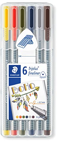 STAEDTLER Fineliner triplus, my colours Set Boho, ergonomischer Dreikantschaft, superfeine 0,3mm Spitze, lange Lebensdauer, 6 Fineliner in Boho Tönen in aufstellbarer box, 334SB6CS13